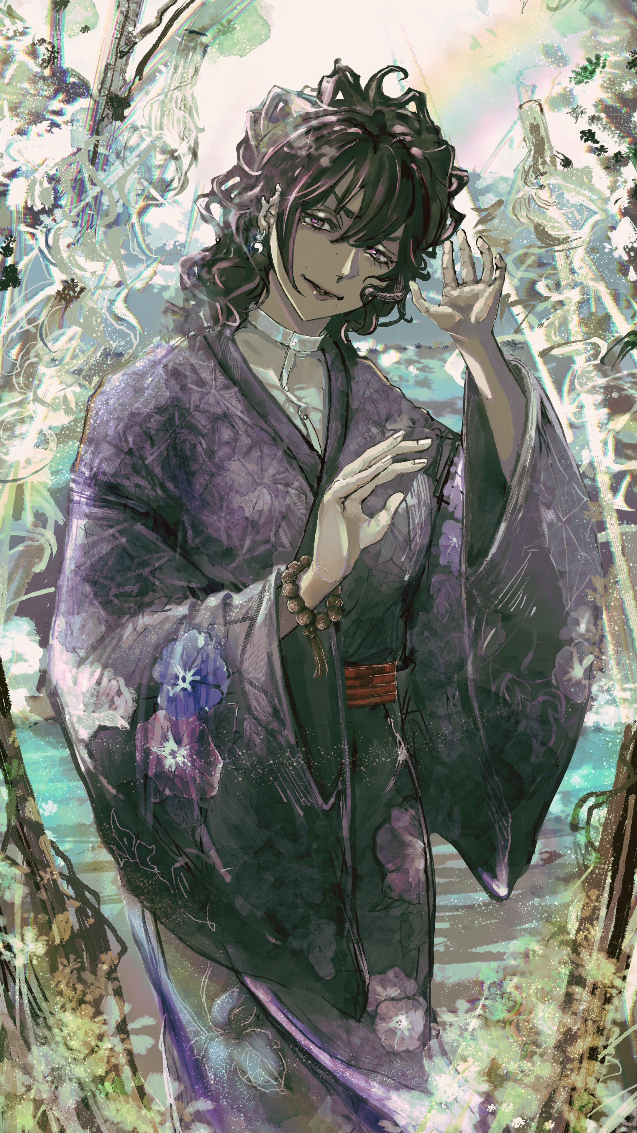 art of my OC Yukie standing in front of a body of water, framed with bamboo